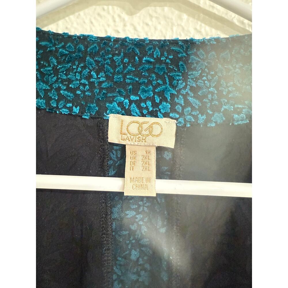 LOGO Lavish Lori Goldstein Burnout Velvet Kimono Duster Black Teal Boho Size 1X - Picture 3 of 6